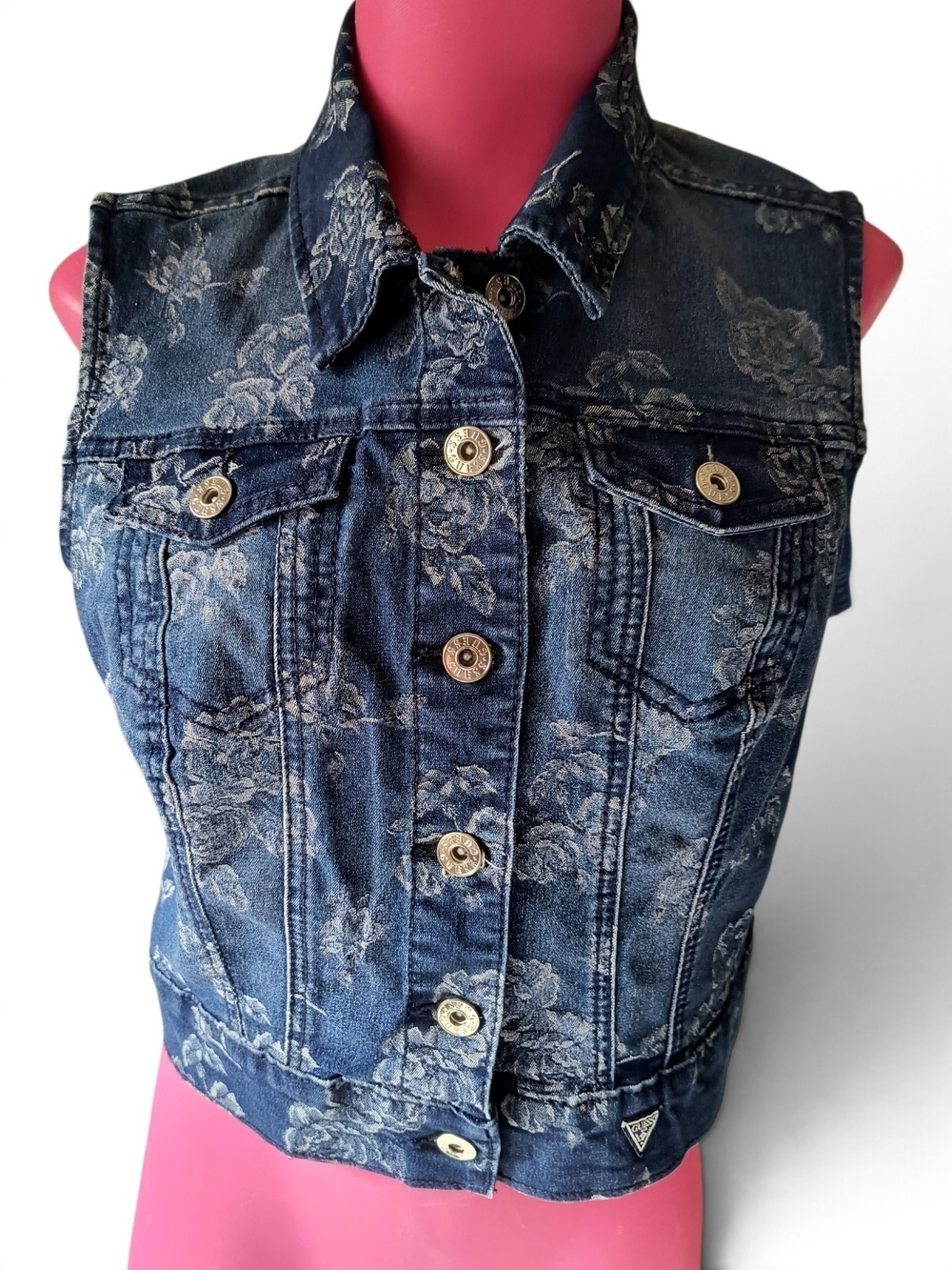 GUESS Floral Print Crop Denim Vest - Medium